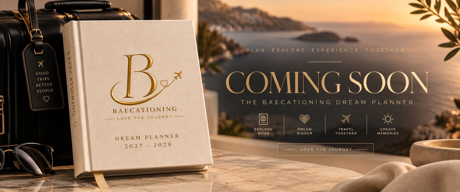 The Baecationing Dream Planner coming soon, cream linen journal with gold foil logo against a coastal sunset