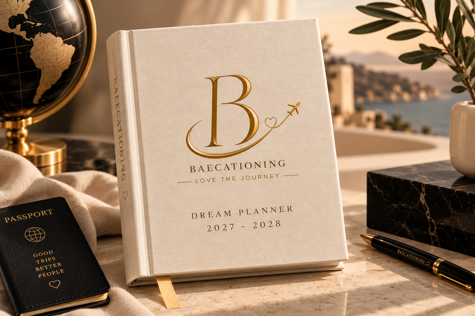 The Baecationing Dream Planner with cream linen cover and gold foil details
